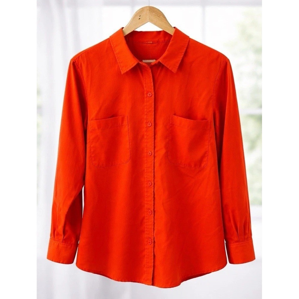 Coldwater Creek Orange Button Up Top Long Sleeve Pullover Tunic Blouse Size L